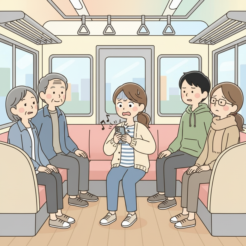 A person on a train looking panicked as their phone rings with musical notes floating out, while other passengers stare