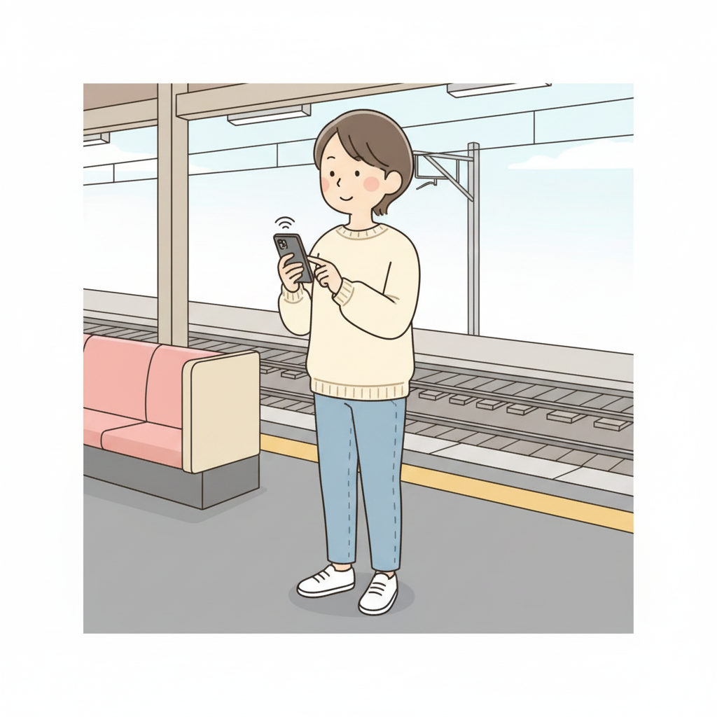 A person on a station platform pressing the side button on their phone to set it to vibrate mode before boarding