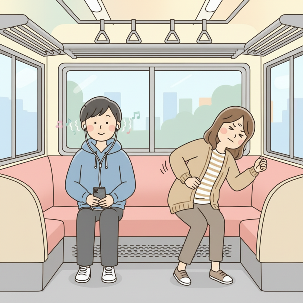 A person on a train with earbuds leaking music visibly shown as notes, while the passenger beside them leans away