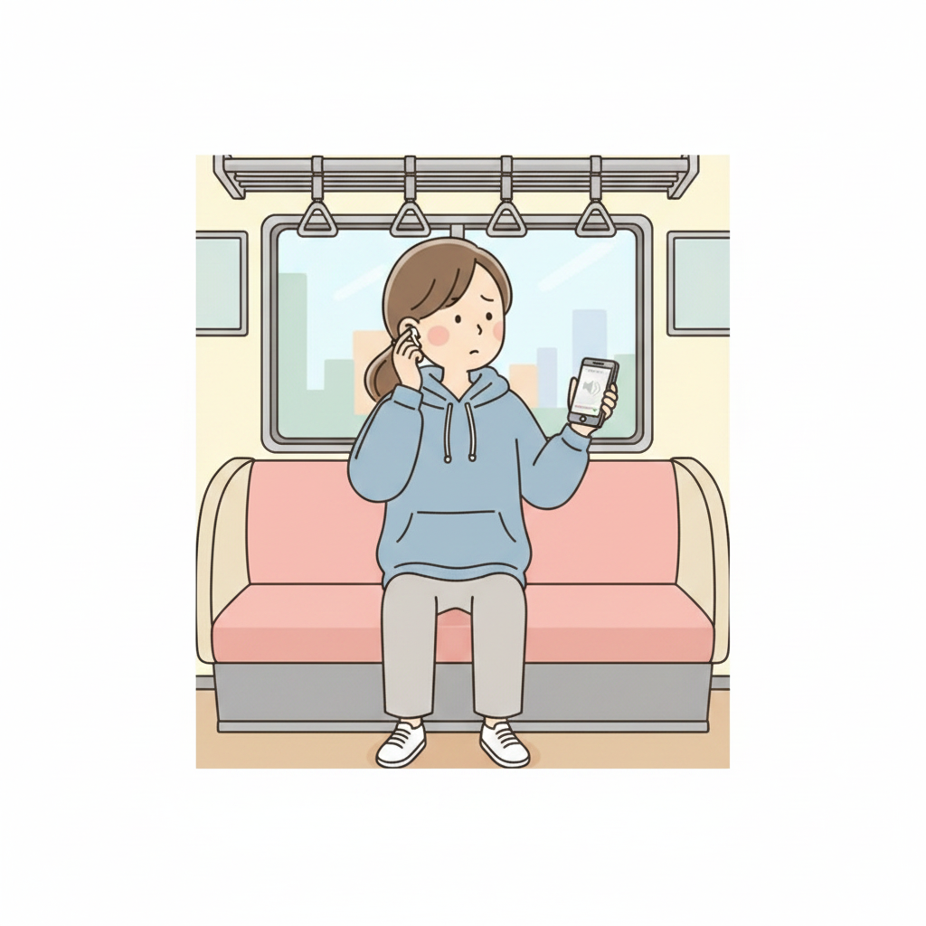 A person on a train holding one earbud away from their ear to check the volume level on their phone