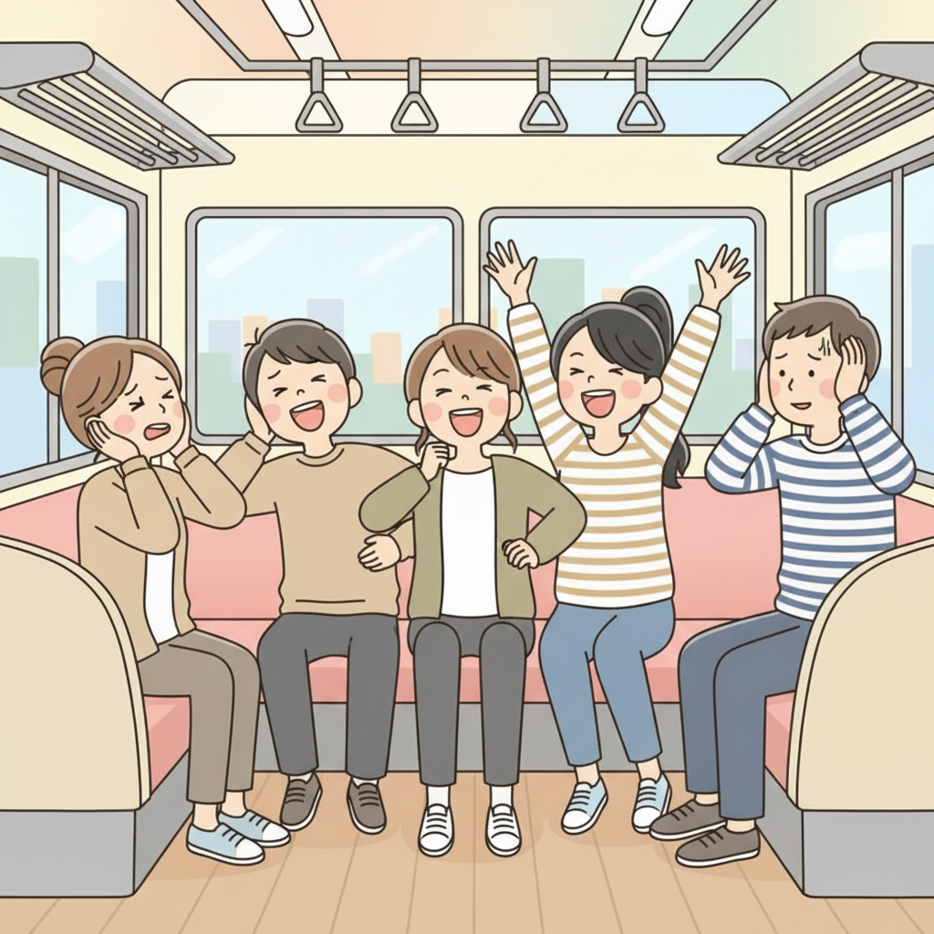 A noisy group of three people laughing loudly on a train while two other passengers cover their ears in discomfort