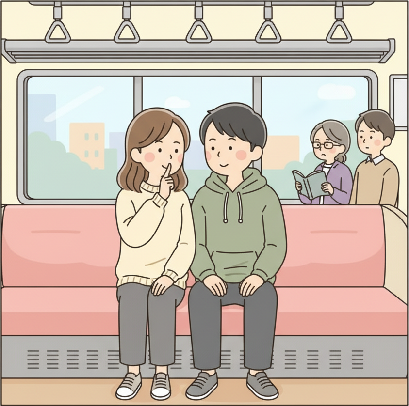Two people whispering quietly to each other on a train, with a passenger in the background reading peacefully undisturbed