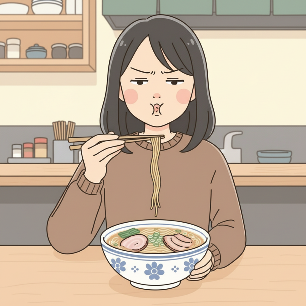 A person at a ramen counter carefully lifting a small amount of noodles with chopsticks, mouth closed and lips pursed, blowing to cool them