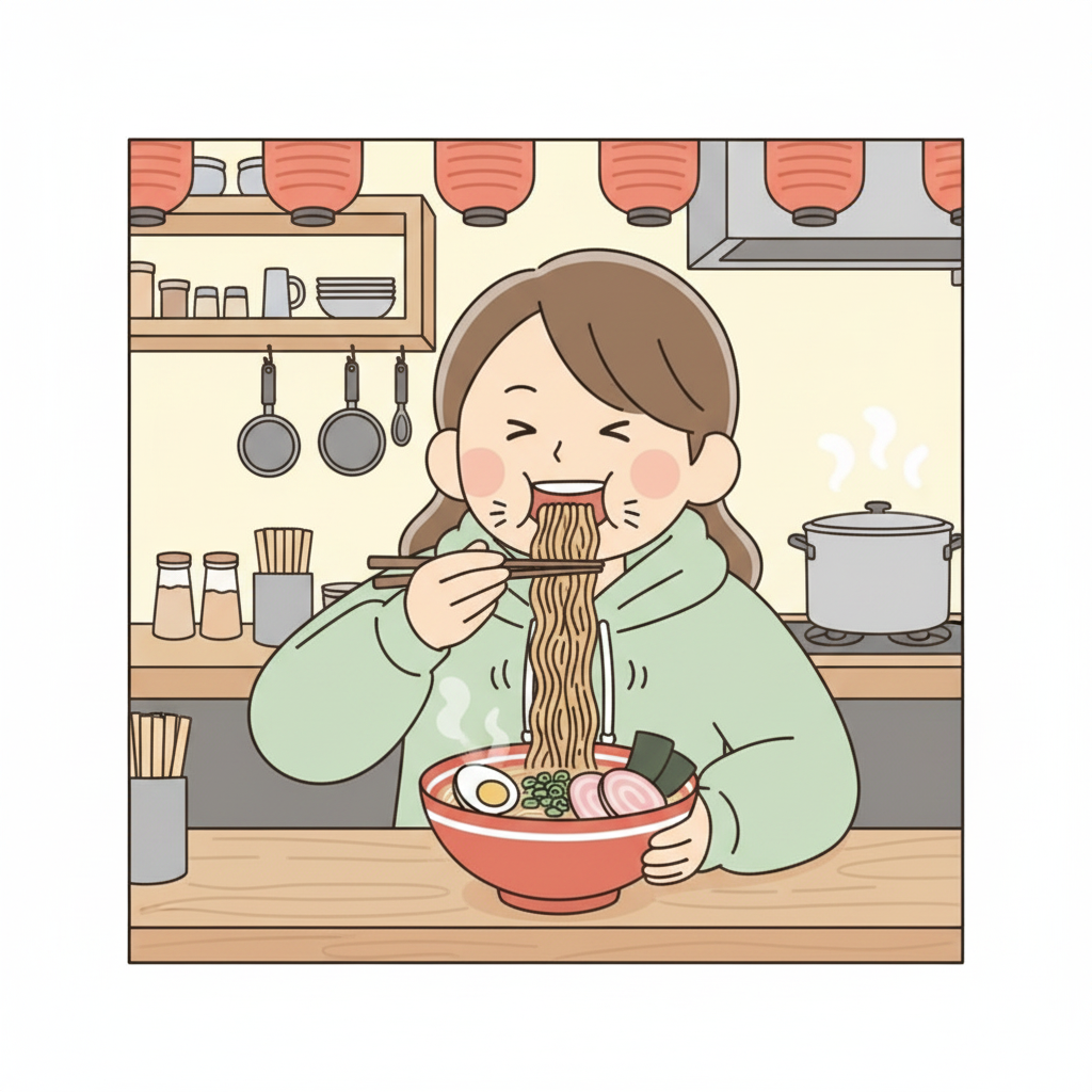 A person at a ramen counter happily slurping a big bundle of ramen noodles from chopsticks into their mouth