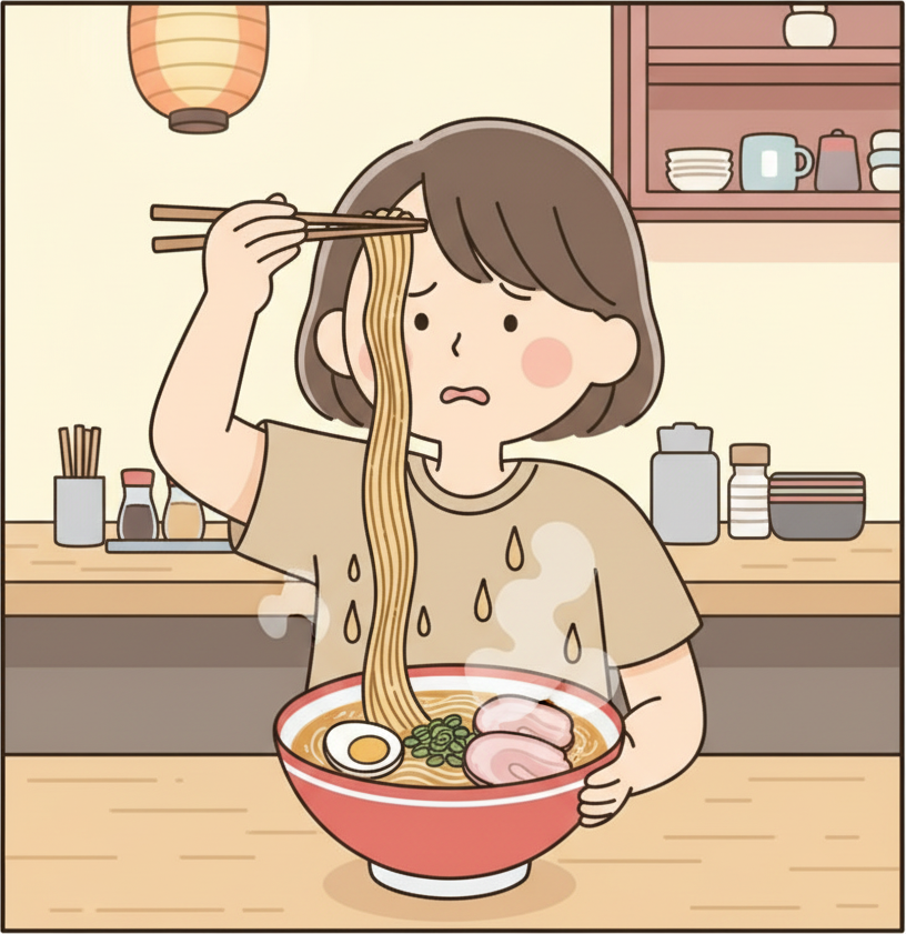 A person at a ramen counter holding chopsticks high above a bowl with long noodles dangling down, broth splatters visible on their shirt
