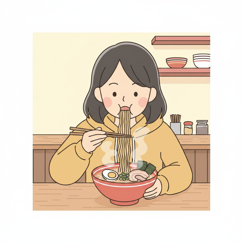 A person at a ramen counter leaning close to their bowl, slurping a short bundle of noodles from chopsticks with barely any gap