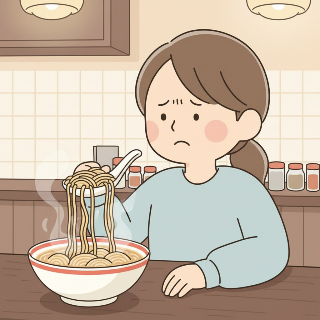 A confused person at a ramen counter trying to pile long ramen noodles onto a flat renge soup spoon, noodles draping off the sides