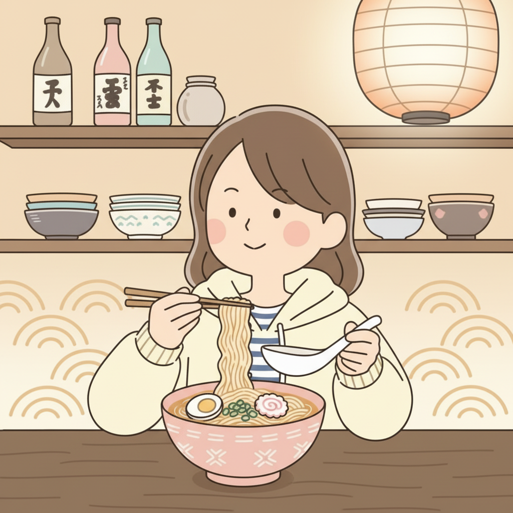 A person at a ramen counter holding chopsticks in one hand lifting noodles, with a flat renge spoon held underneath in the other hand to catch drips