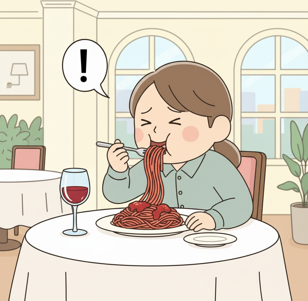 A person loudly slurping a forkful of spaghetti at an elegant Italian restaurant with wine glass and white tablecloth