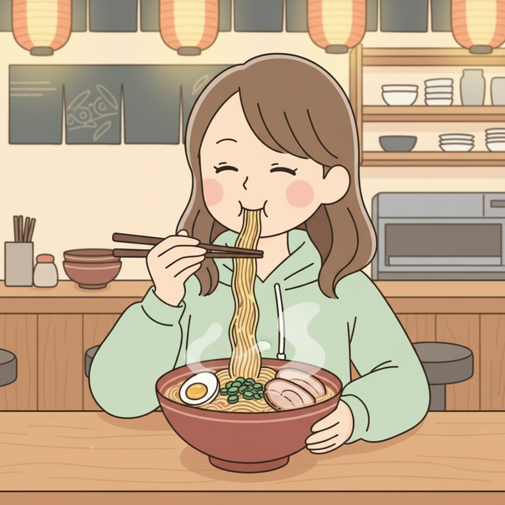 A person happily slurping ramen noodles from chopsticks at a ramen counter