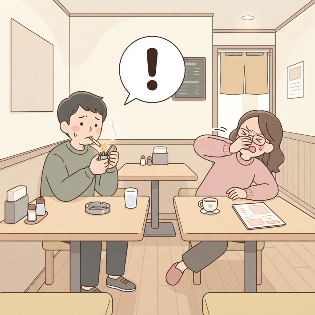 ลูกค้าจุดบุหรี่ที่โต๊ะในร้านอาหาร ขณะที่คนโต๊ะข้างๆ เอนตัวหนีและปิดจมูก
