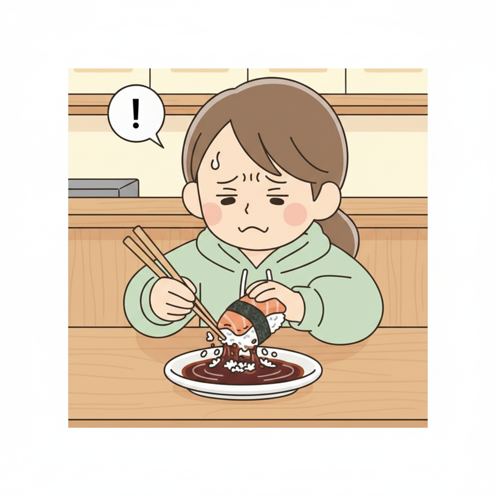 A person at a sushi counter has flipped a nigiri upside down and pressed it rice-side into a dish of soy sauce, with the rice visibly falling apart