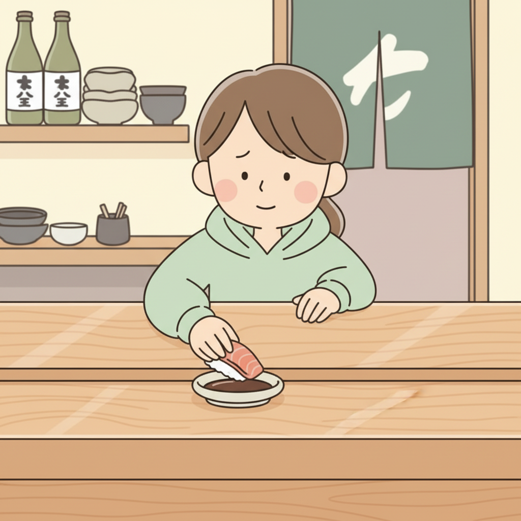 A person at a sushi counter lightly touching only the fish side of a nigiri to a small dish of soy sauce