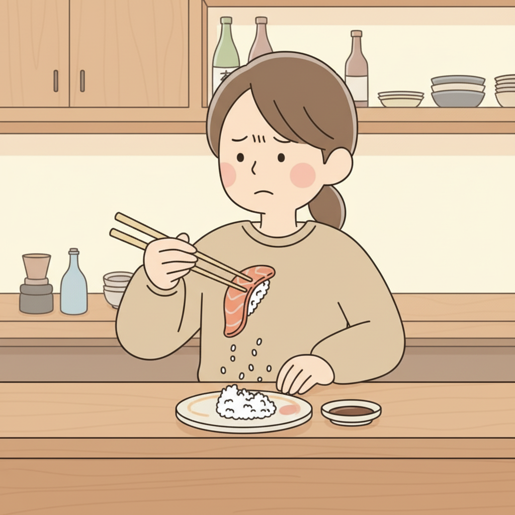 A person at a sushi counter struggling to lift a nigiri with chopsticks as the rice falls apart mid-air