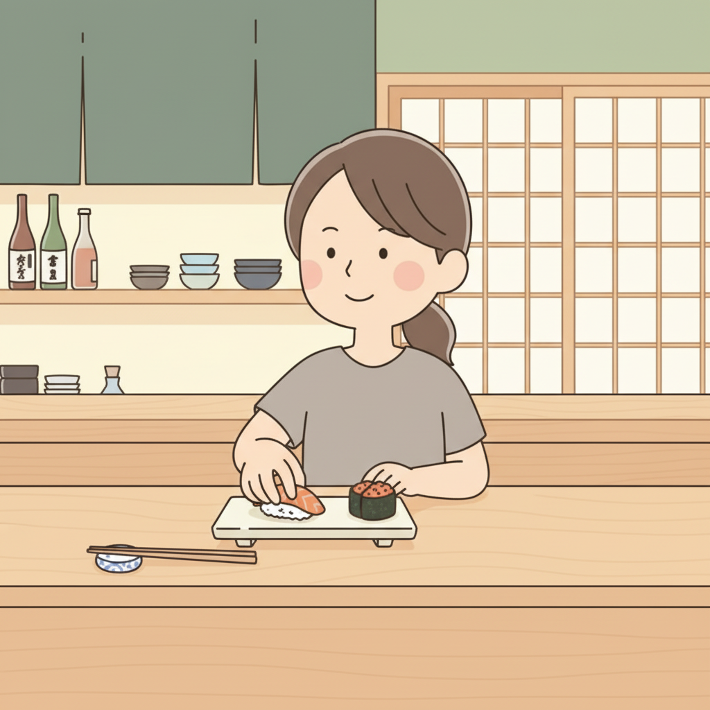 A person at a sushi counter picking up a nigiri piece with their bare fingers, thumb underneath and two fingers on top