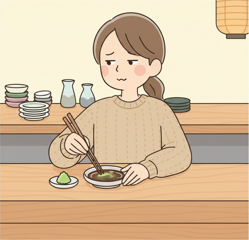 A person at a sushi counter stirring a blob of green wasabi into their soy sauce dish with chopsticks