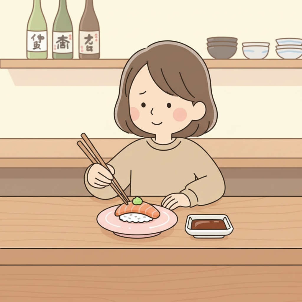 A person at a sushi counter placing a small dab of wasabi directly on top of a nigiri, with a separate clean dish of soy sauce beside them