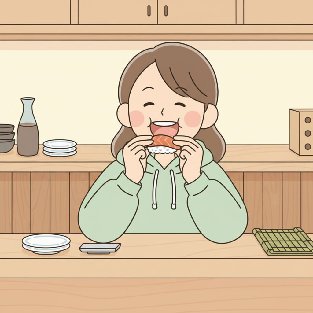 A person at a sushi counter opening wide and eating a whole nigiri piece in one bite, holding it with their fingers