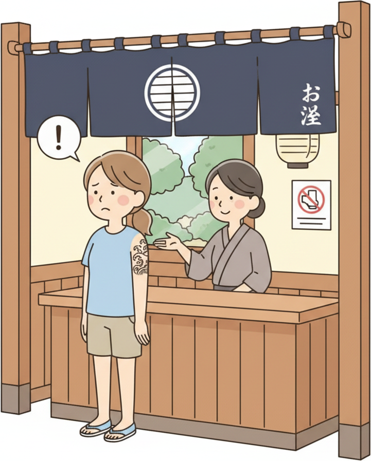 นักท่องเที่ยวที่มีรอยสักบนแขนมองเห็นได้ยืนอยู่ที่ทางเข้าออนเซ็นชนบทดั้งเดิมใต้ผ้าโนเร็นสีน้ำเงินกรมท่า ดูสับสนและผิดหวัง ขณะที่พนักงานต้อนรับใจดีแต่หนักแน่นด้านหลังเคาน์เตอร์ไม้ทำท่าทางขอโทษไปที่ป้าย 'ห้ามรอยสัก' ที่ติดอยู่