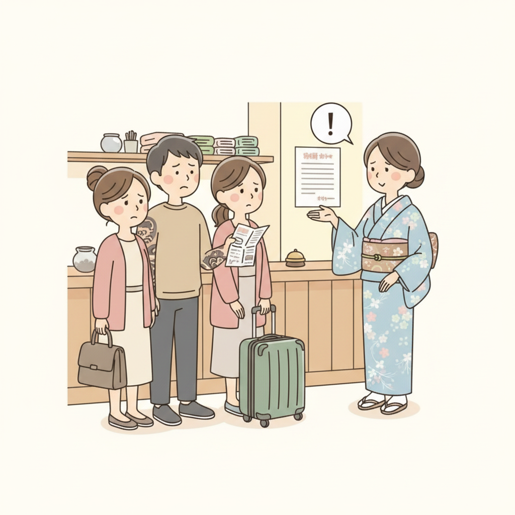 คู่รักพร้อมกระเป๋าเดินทางล้อยืนอยู่ที่เคาน์เตอร์เช็คอินของเรียวกังดั้งเดิมดูผิดหวัง ขณะที่พนักงานต้อนรับในชุดกิโมโนทำท่าทางอย่างสุภาพไปที่ประกาศ 'ห้ามรอยสักในห้องอาบน้ำส่วนกลาง' ใบยืนยันการจองยังอยู่ในมือและรอยสักที่มองเห็นได้บนแขนของฝ่ายชาย