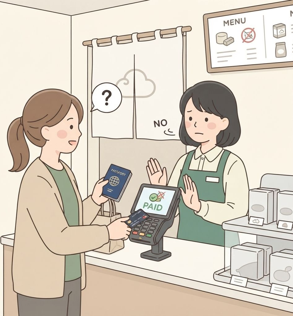 นักท่องเที่ยวที่แคชเชียร์ร้านแตะบัตรจ่ายเงินไปแล้วจึงค่อยหยิบหนังสือเดินทางออกมาถามเรื่องปลอดภาษี พนักงานส่ายหัว