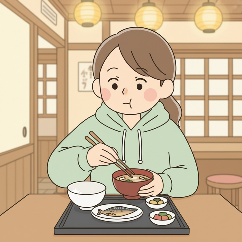 A person at a Japanese restaurant with a teishoku tray, eating only the miso soup while the rice bowl sits empty