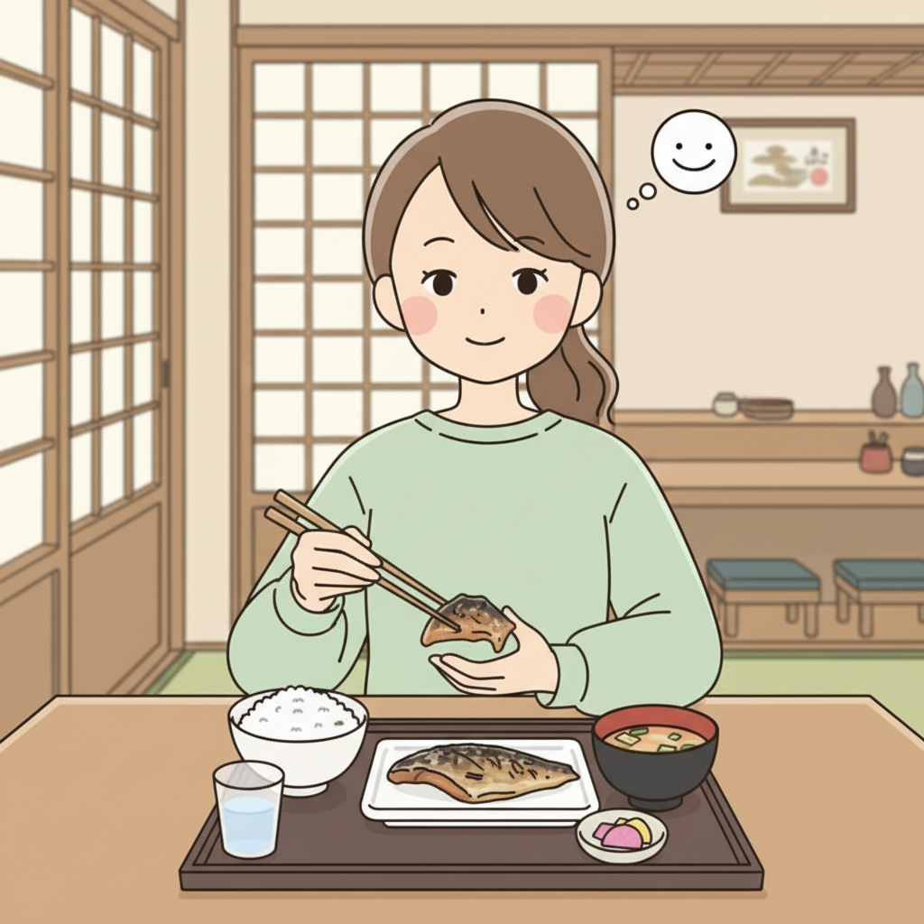 A person happily eating a full teishoku tray with rice bowl, miso soup, grilled fish main, and pickles, alternating between components