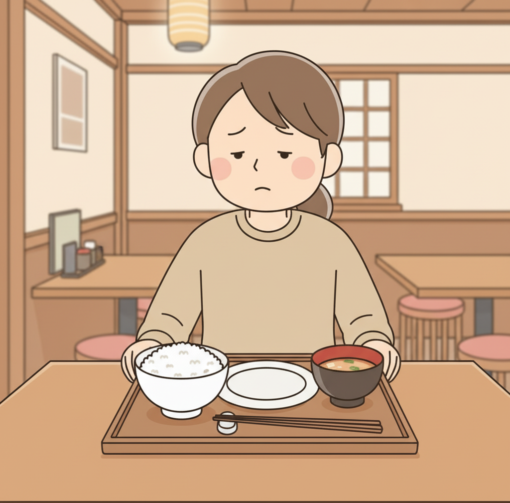 A person pushing away a finished teishoku tray with the rice bowl still half full while the main and soup are empty