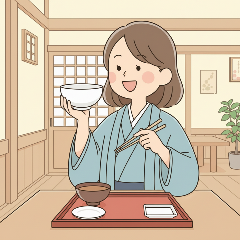A person holding up a completely empty rice bowl with a satisfied smile, finished teishoku tray in front of them