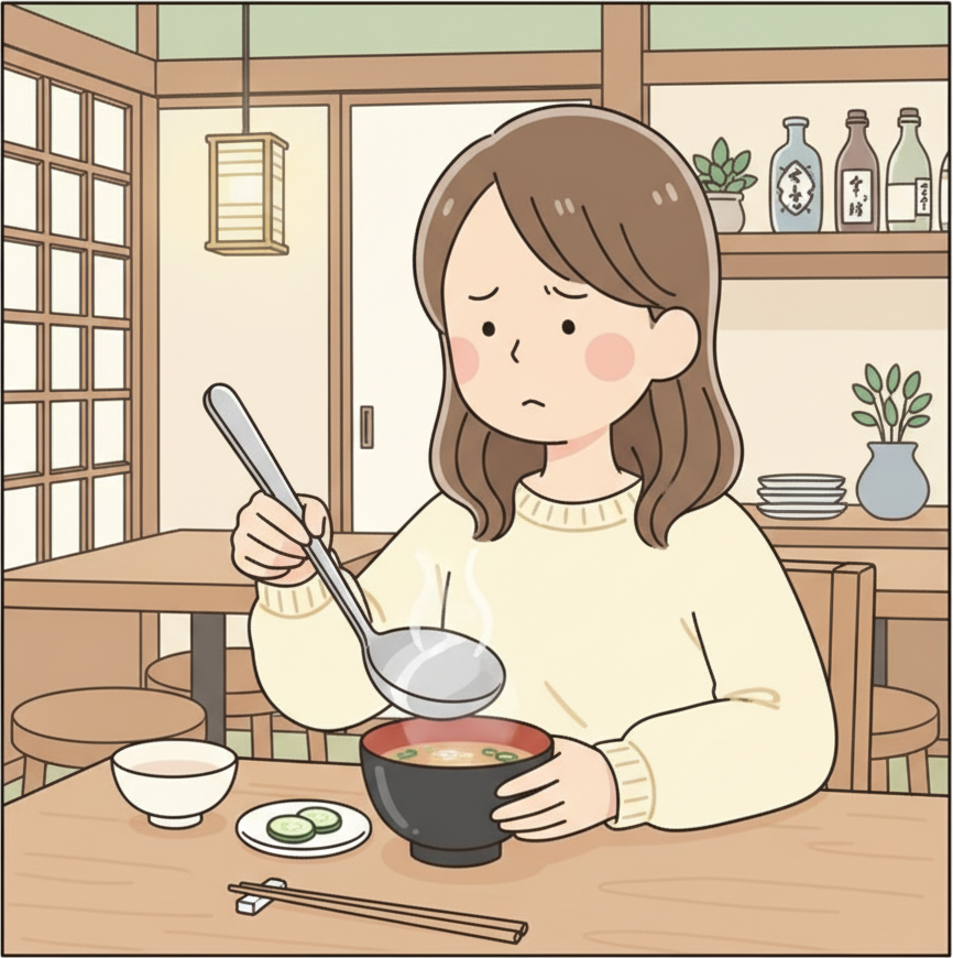 A person awkwardly trying to use a large Western metal soup spoon with a small black lacquer miso soup bowl