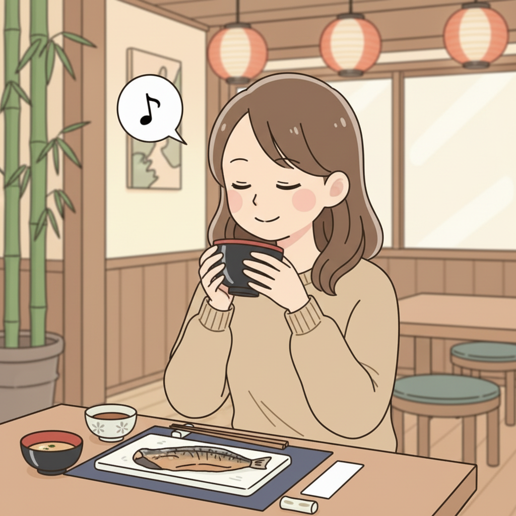 A person lifting a small black miso soup bowl with both hands and sipping broth directly from the rim