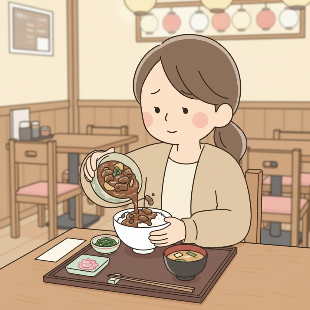 A person pouring a side dish of brown simmered stew directly over a bowl of white rice, combining them into one bowl