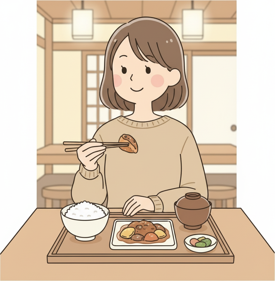 A person at a teishoku tray with rice and simmered stew kept separate in their own dishes, lifting a piece of stew with chopsticks