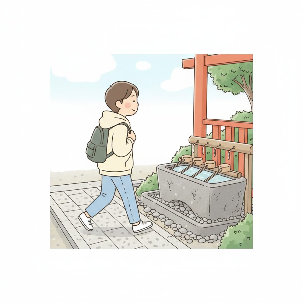 A tourist with a backpack walking straight past a temizuya water basin at a shrine entrance without stopping