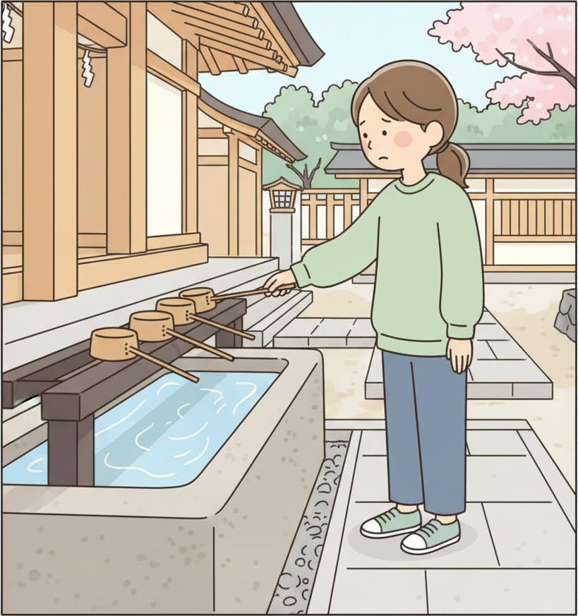 A person reaching to pick up a wooden ladle from a temizuya basin at a Shinto shrine