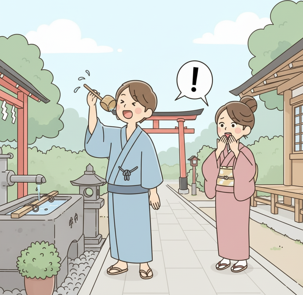 A person in a yukata lifting a temizuya ladle directly to their open mouth while another visitor looks on in shock