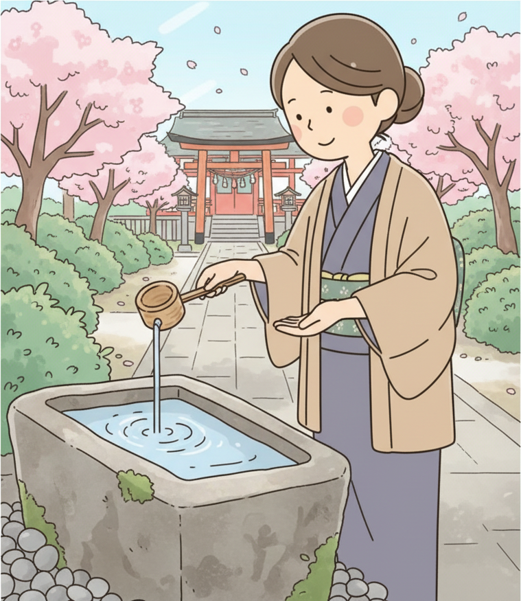 A person in a kimono pouring water from a ladle into their cupped hand over a temizuya basin, with a torii gate and cherry blossoms in the background