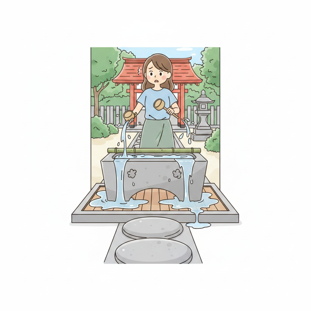 A person splashing water carelessly at a temizuya, with puddles spreading across the surrounding stone platform