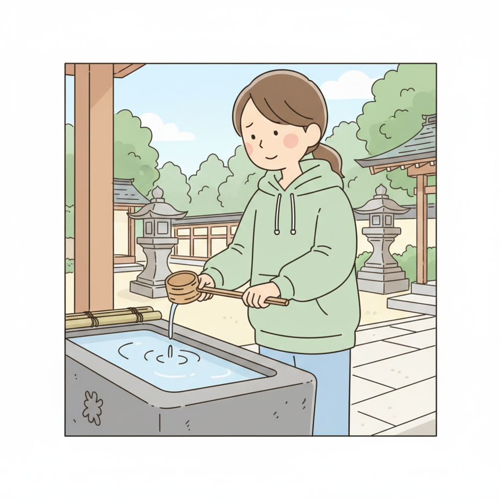 A person carefully tilting a ladle so the water falls precisely back into the stone temizuya basin below
