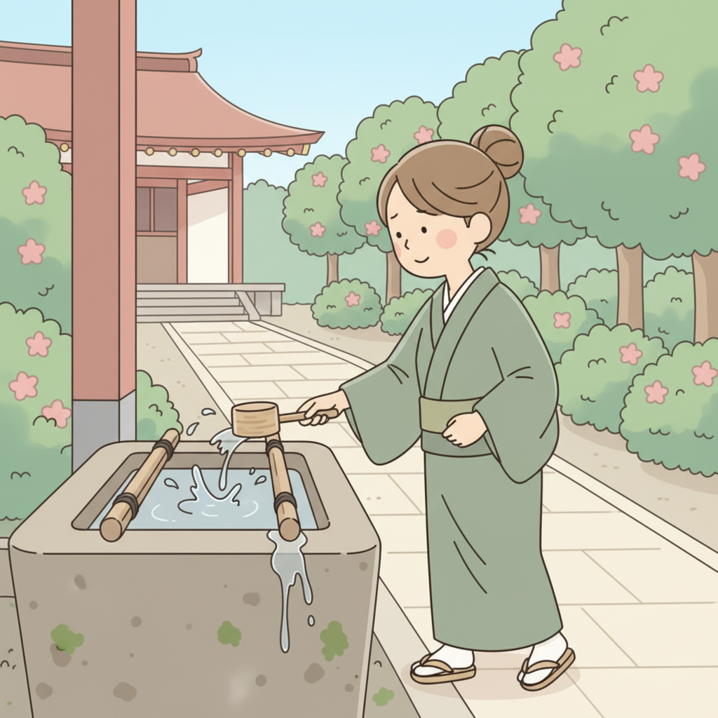 A person in a kimono returning a ladle to the temizuya rack while water still drips from the scoop