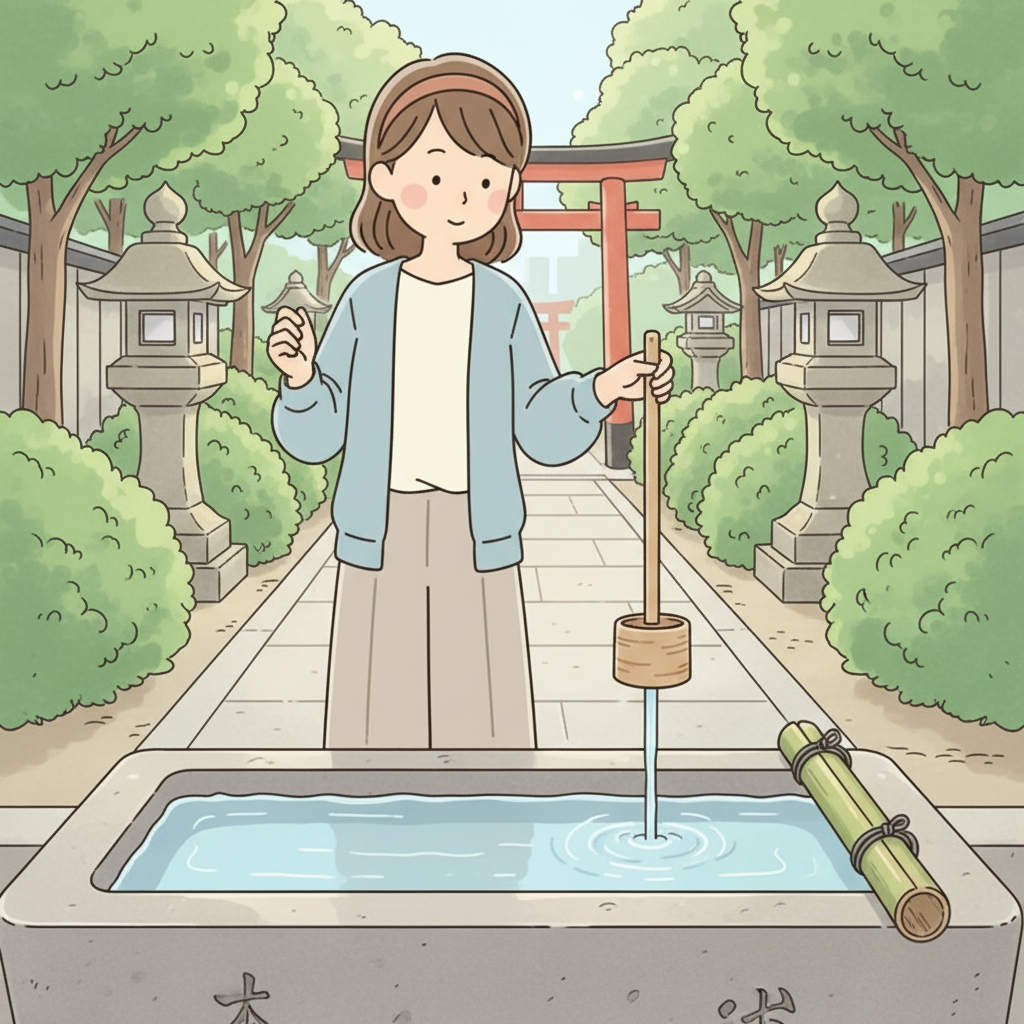 A person tilting the ladle vertically so the remaining water runs down the handle to rinse it, with a torii gate in the background