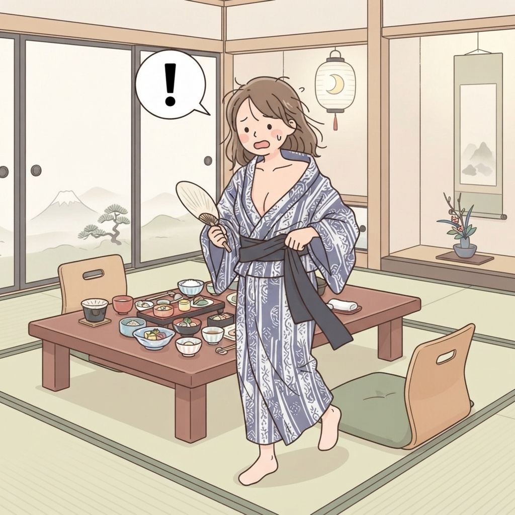 แขกมาถึงโต๊ะอาหารค่ำของเรียวกังในชุดยูกาตะที่ยับ ปกเสื้อเปิดอ้า และสายโอบิเลื่อนลงมาที่สะโพก
